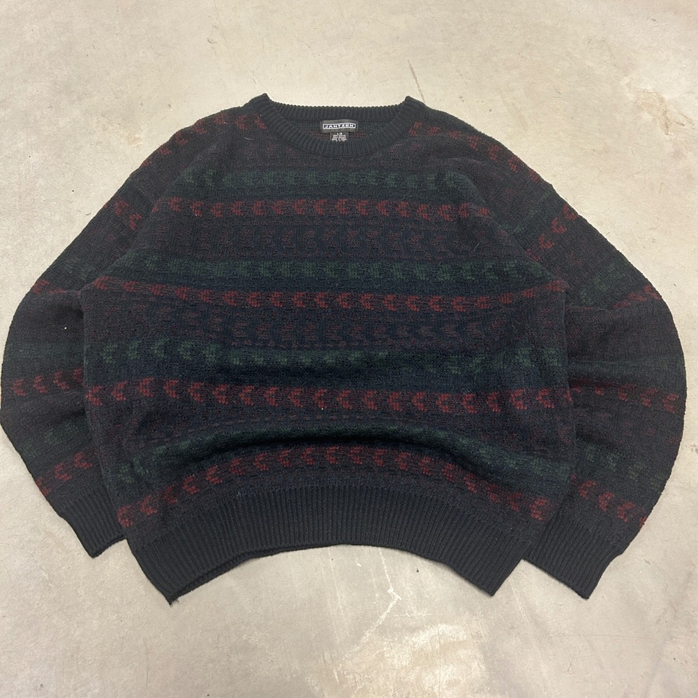 Jantzen Mens Large Vintage Acrylic Knit Crewneck Sweater Navy Green Burgundy